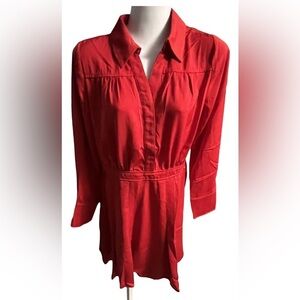 Sugar+ Lips, red silky, long sleeve button-down collar above the knee dress